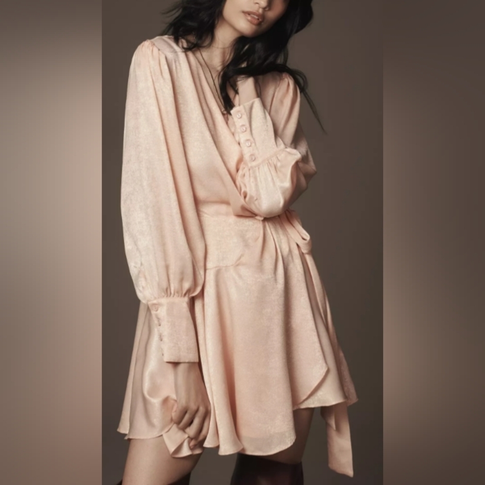 Anthropology Glamorous Peach Metallic True Wrap Satin Dress Petite Medium